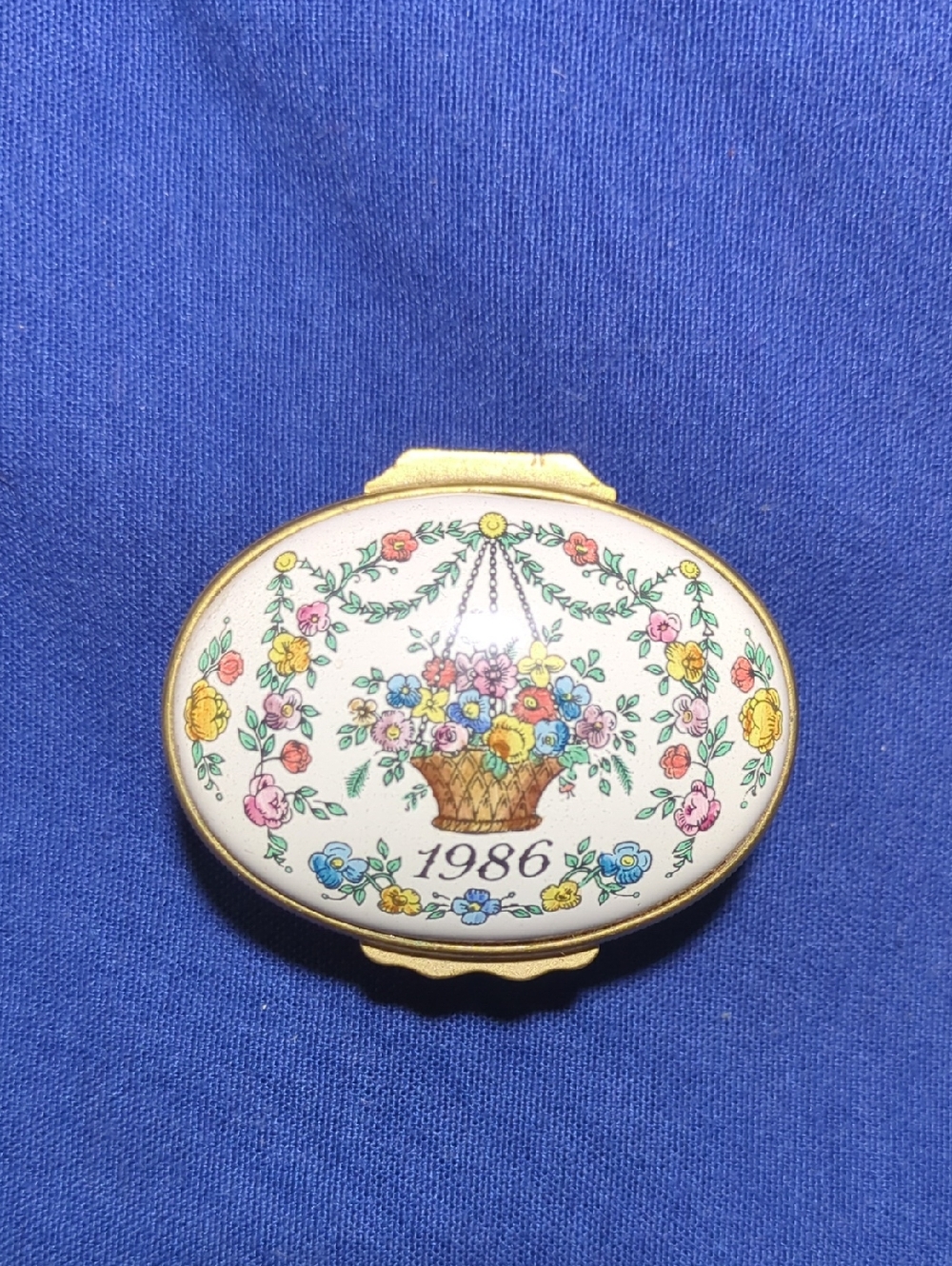 Vintage Rare 1986 Floral Basket Enamel Trinket Compact - Gold Tone NOW ONLY $110